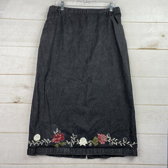 Vtg Denim & Co Maxi Skirt Sz 1X Black Cottagecore Floral Embroidered 90’s Y2K - Picture 1 of 11